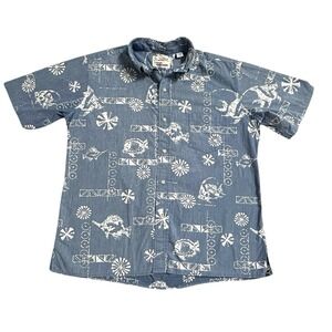 Alfred Shaheen Reyn Spooner‎ Men's Hawaiian Shirt Size Large Blue White Beachy